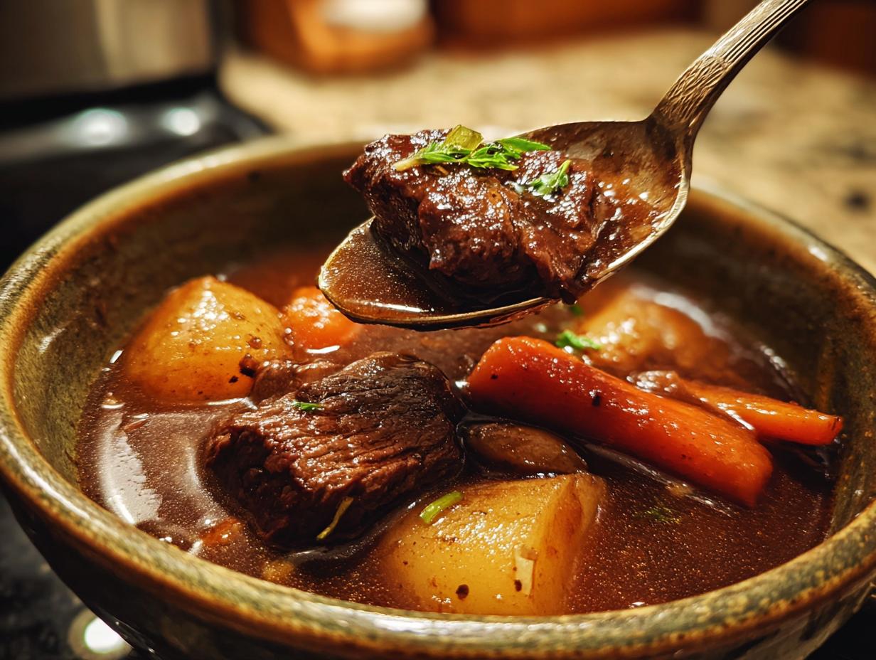 A spoonful of rich beef stew with tender beef chunks, carrots, and potatoes, garnished with chives.