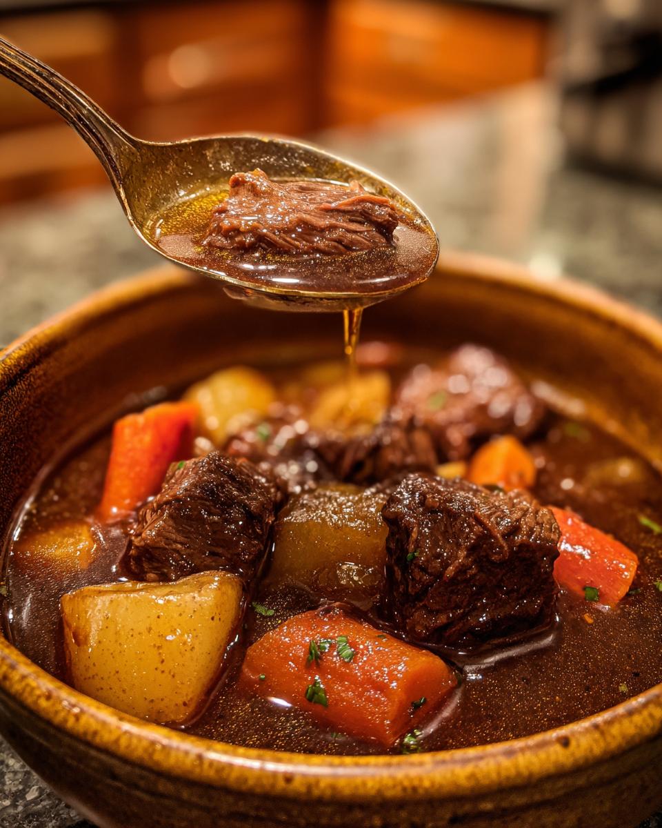 A close-up of a spoonful of rich beef stew, showing tender chunks of beef and a rich broth, with the stew bowl containing beef, carrots, and potatoes in the background.