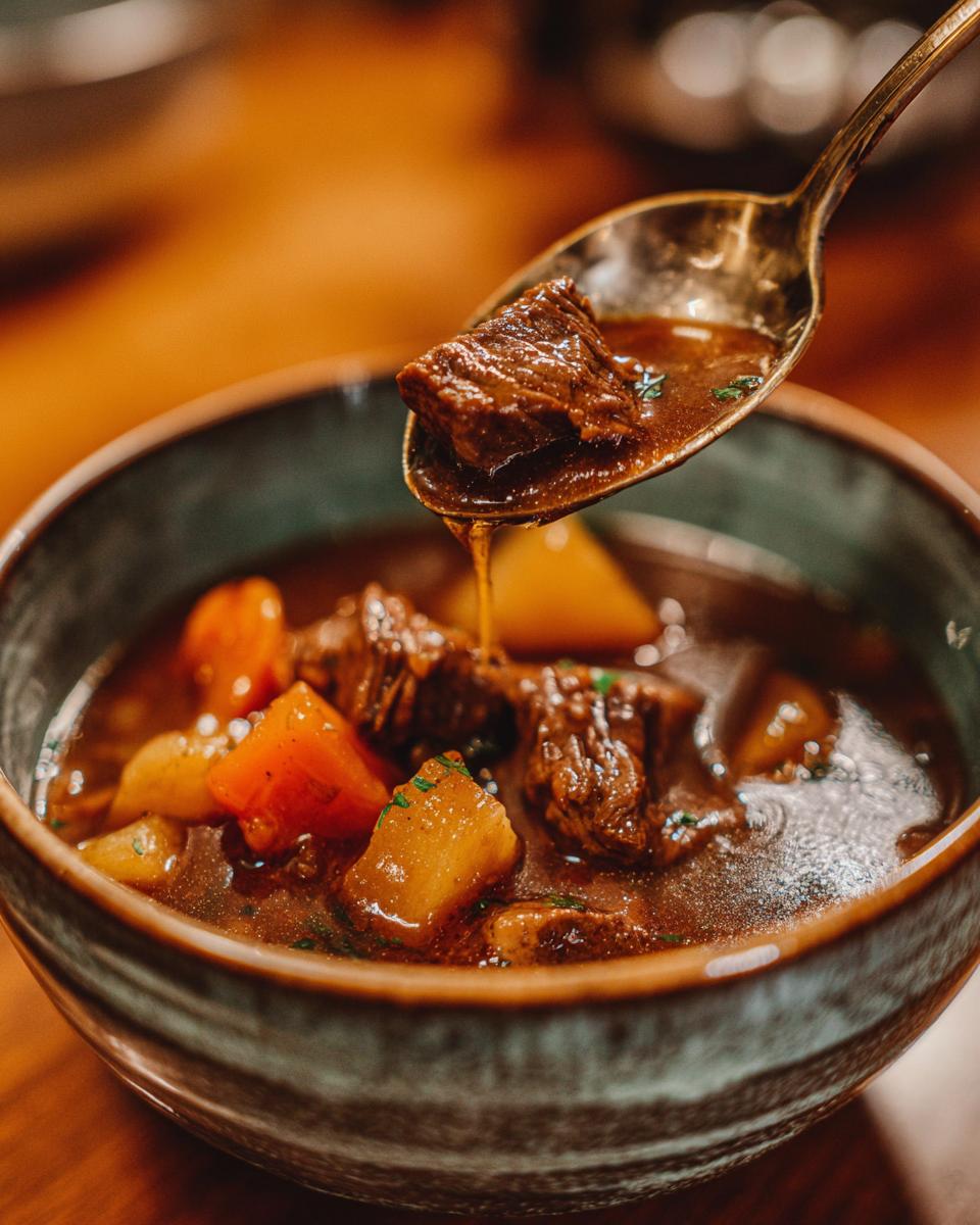 A spoonful of rich beef stew, showcasing tender beef chunks and hearty potatoes, being lifted from a bowl.