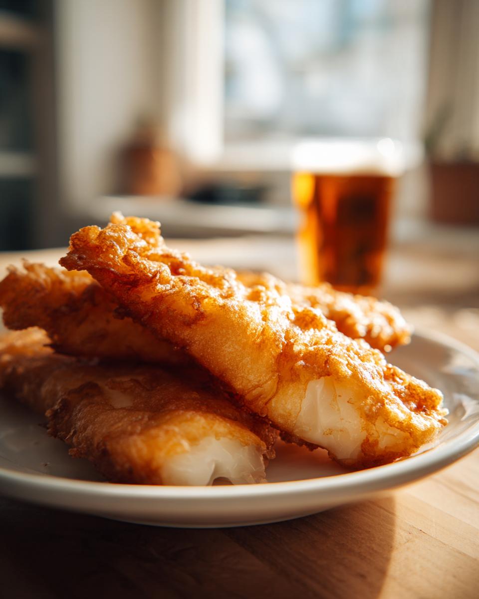 Close-up of golden brown, crispy beer battered fish fillets on a white plate with a glass of beer in the background.
