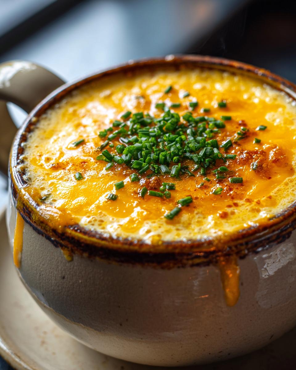A close-up of a steaming bowl of beer cheese soup, topped with melted cheddar and fresh chives.