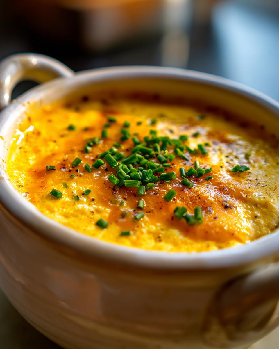 A close-up of a bowl of creamy beer cheese soup topped with fresh chives and black pepper.