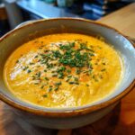 A close-up of a bowl of creamy beer cheese soup topped with fresh chives and a sprinkle of paprika.