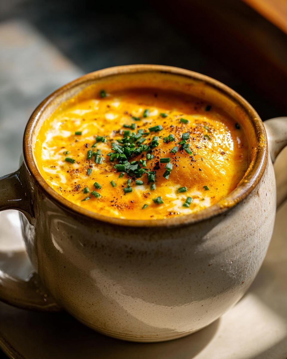 A close-up of a creamy bowl of beer cheese soup topped with fresh chives and black pepper.