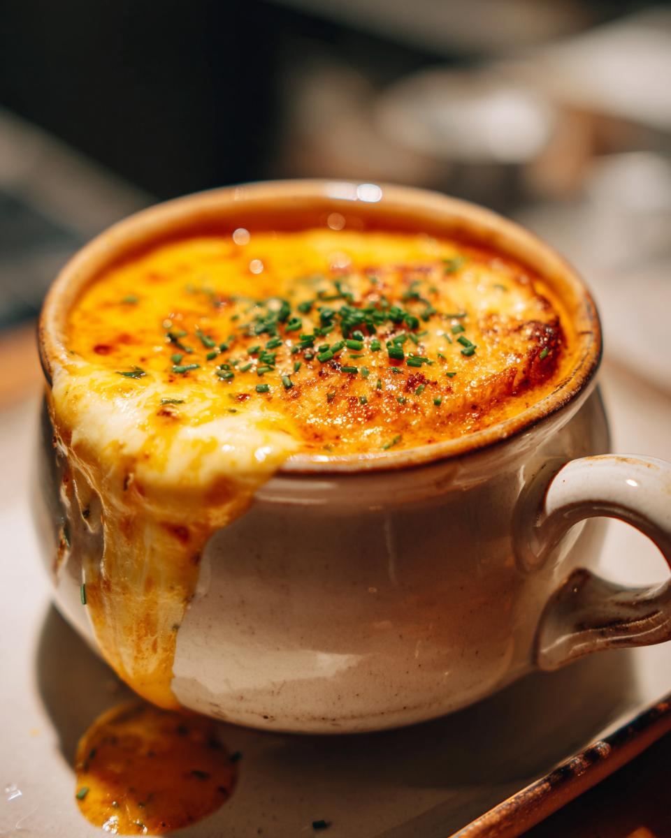 A close-up of a bowl of beer cheese soup, topped with melted cheese and chives.
