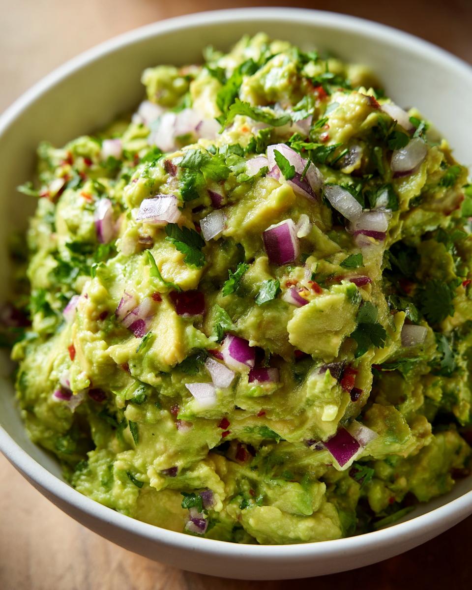 Close-up of the best guacamole, featuring chunky avocado, red onion, cilantro, and chili flakes in a white bowl.