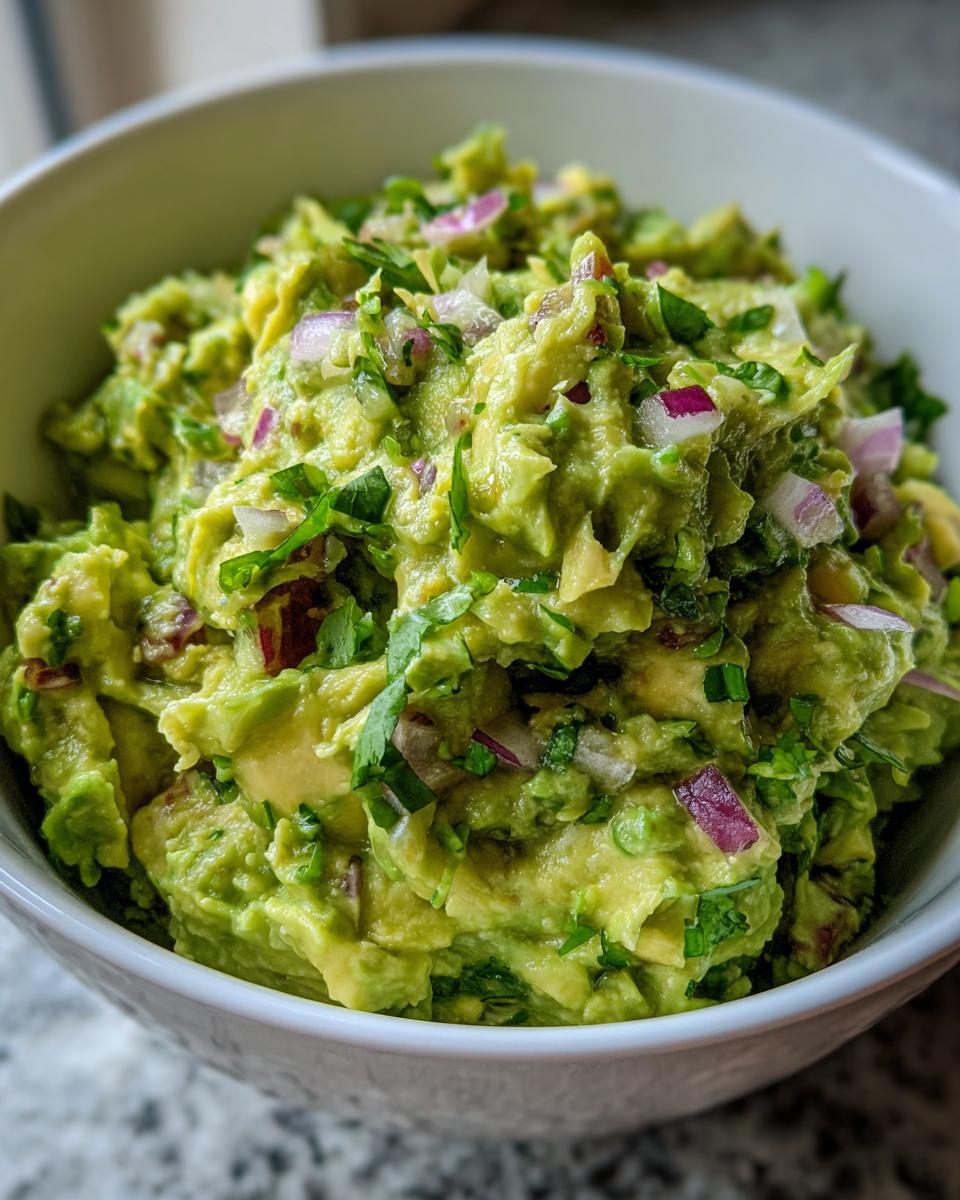 Close-up of the best guacamole, featuring chunky avocado, red onion, and fresh cilantro in a white bowl.