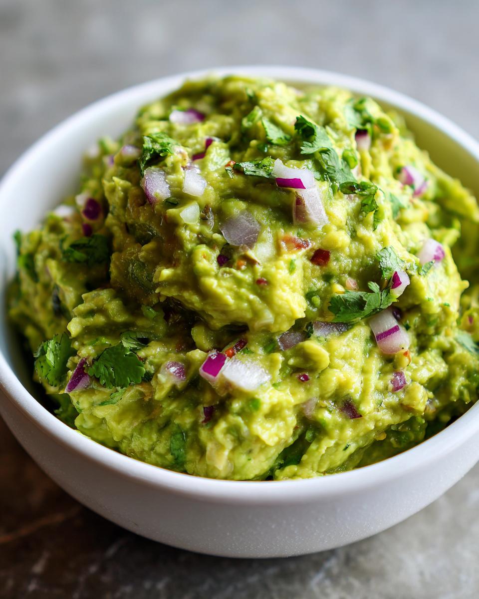 Close-up of the best guacamole in a white bowl, featuring chunky avocado, red onion, and cilantro.