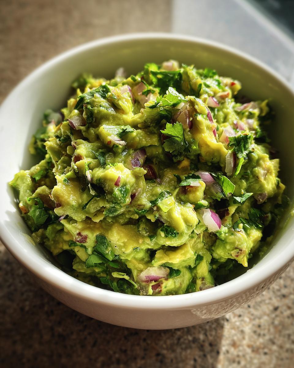 A close-up of the best guacamole, featuring chunky avocado, red onion, and fresh cilantro in a white bowl.