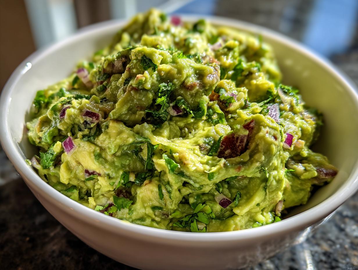 Close-up of the best guacamole, a fresh avocado dip with red onion and cilantro in a white bowl.