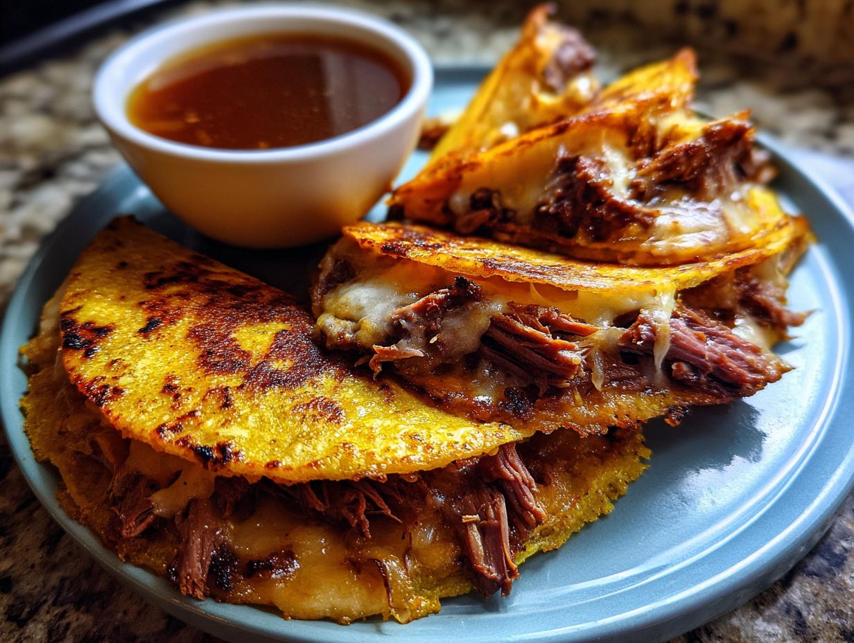 Close-up of golden-brown birria tacos filled with tender shredded beef and melted cheese, served with a side of consommé.
