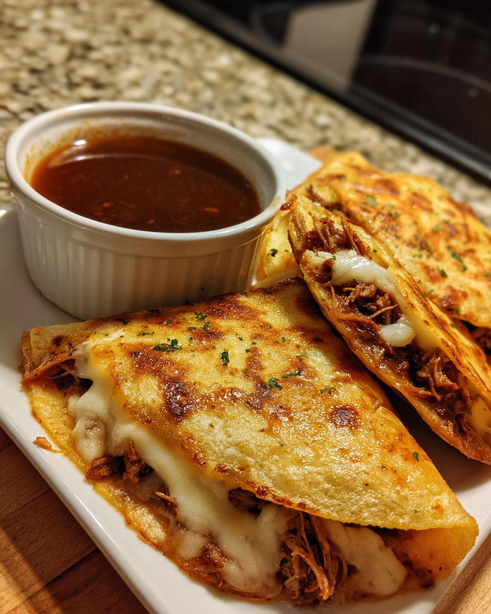 Close-up of cheesy Birria tacos served with a side of rich consommé for dipping.