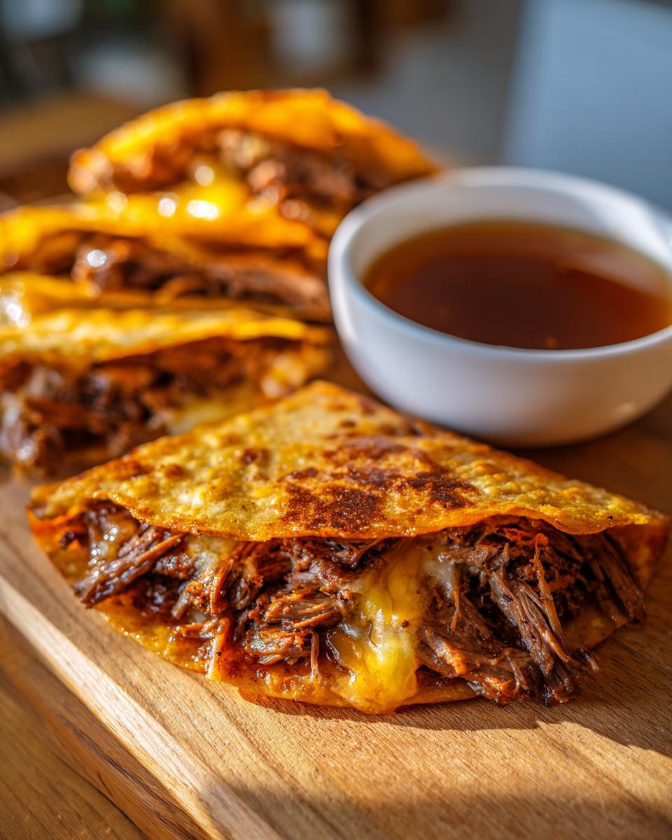 Close-up of cheesy birria tacos filled with shredded beef, served with a small bowl of consommé.