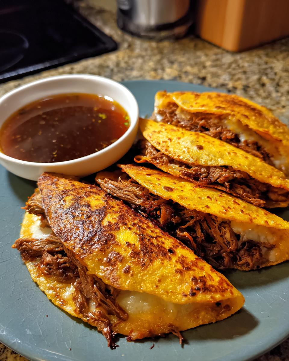 A plate of golden-brown, crispy Birria tacos filled with shredded beef and cheese, served with a side of rich consommé.