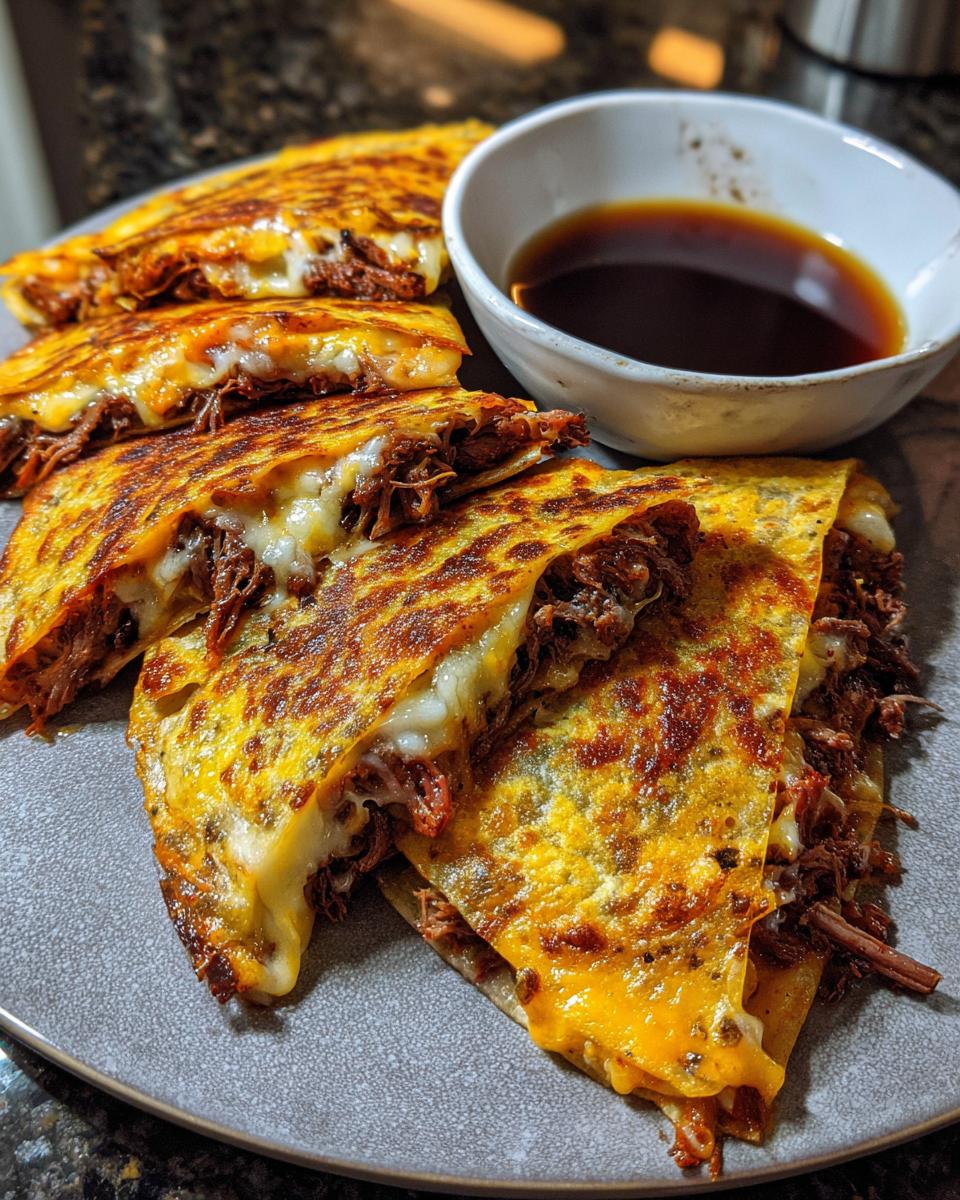 Close-up of crispy Birria tacos filled with shredded beef and melted cheese, served with a small bowl of dipping consommé.