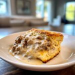 A golden-brown biscuit generously topped with creamy sausage gravy, a classic comfort food.