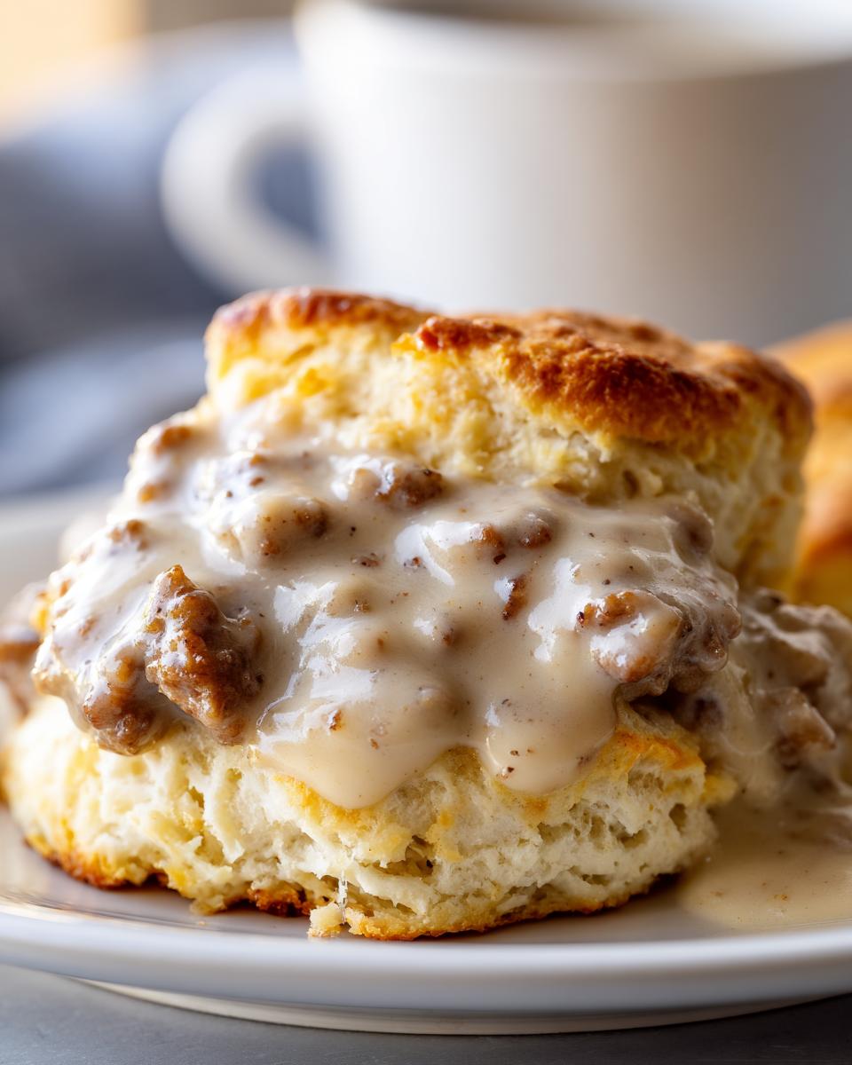 A close-up of fluffy biscuits smothered in creamy sausage gravy, a classic comfort food.
