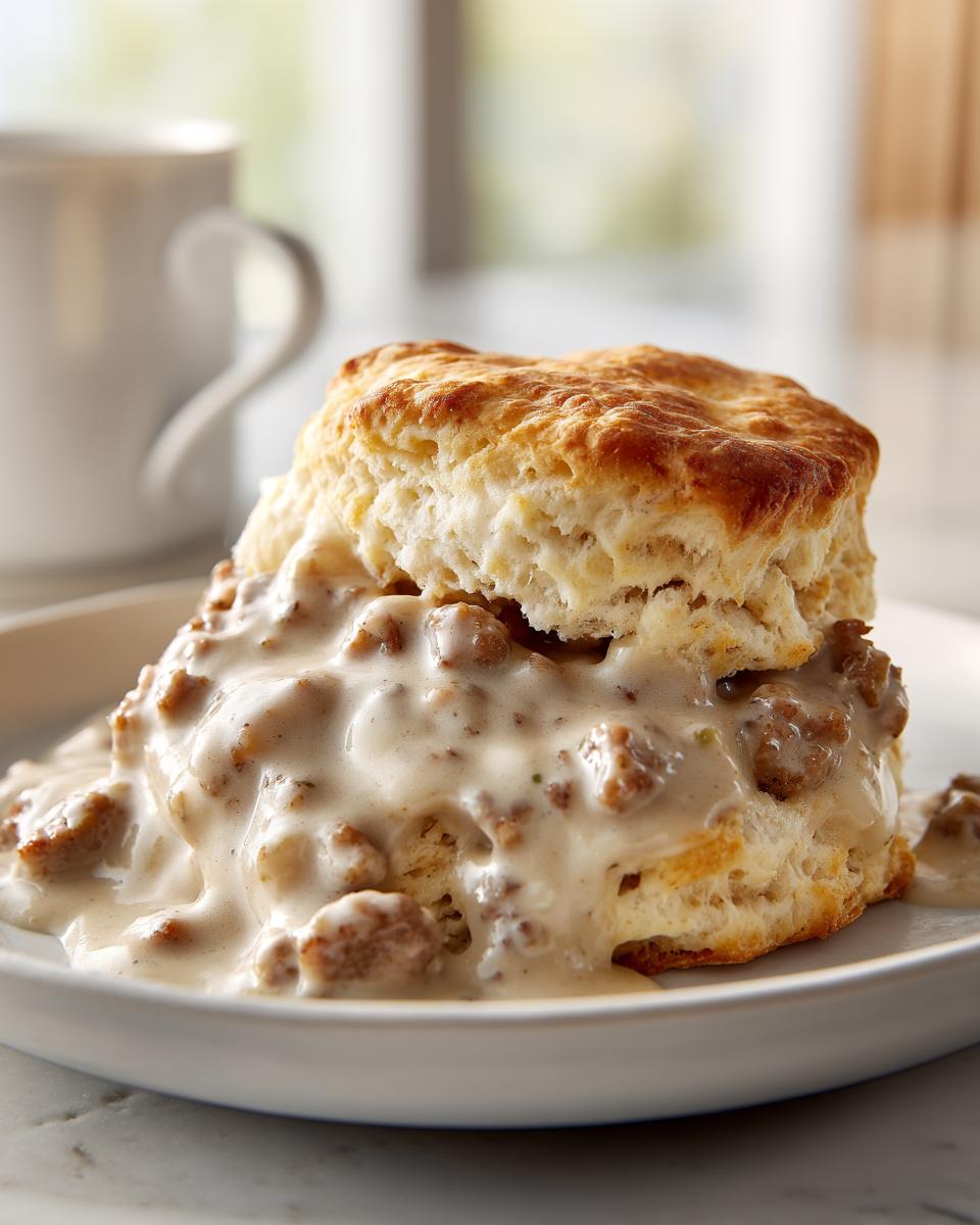 A close-up of fluffy biscuits smothered in creamy sausage gravy, with a coffee mug in the background.