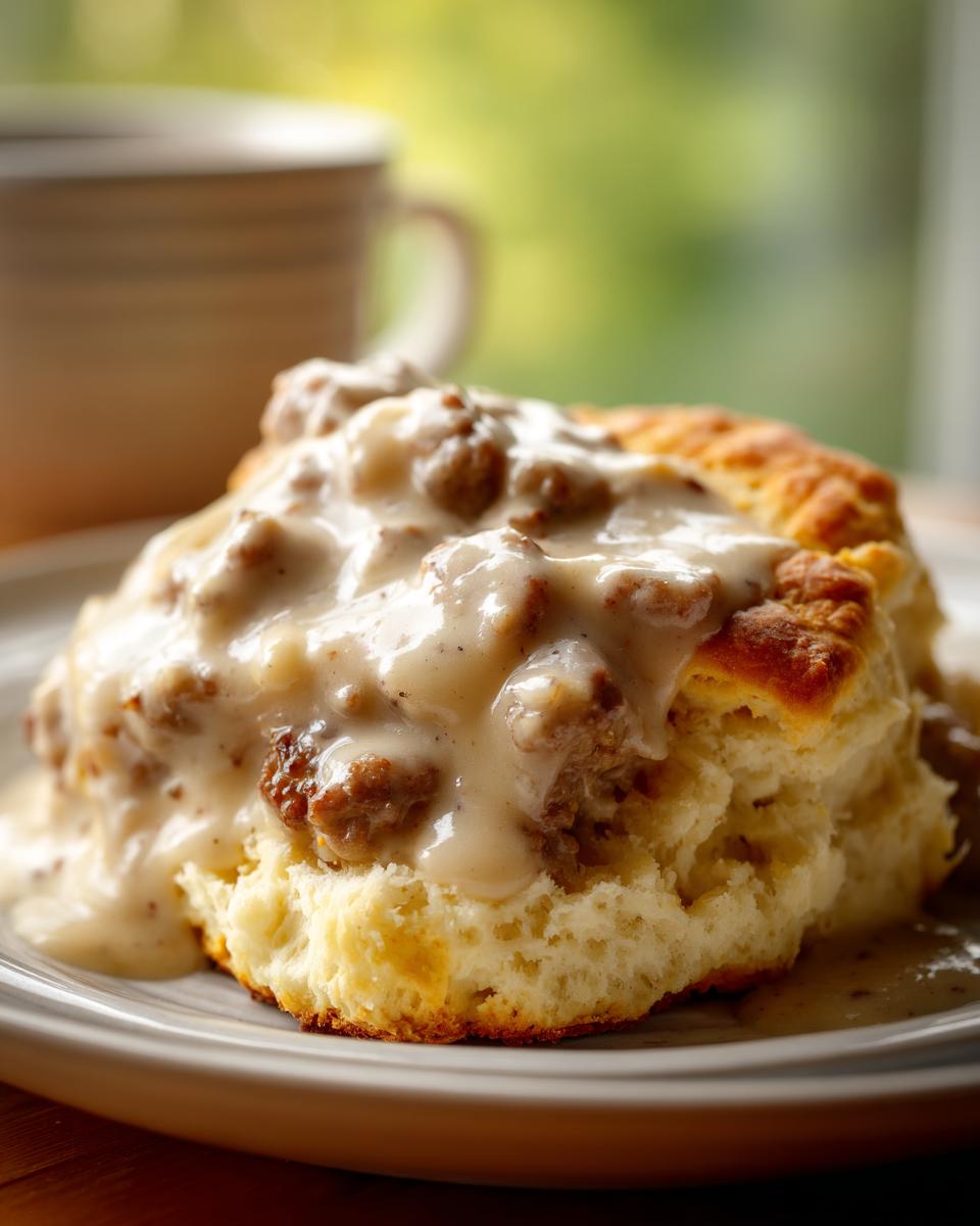 A close-up of fluffy biscuits and savory sausage gravy, a classic comfort food.