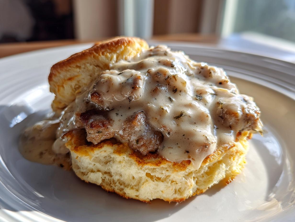 A close-up of fluffy biscuits and creamy sausage gravy, a classic biscuits and gravy dish.