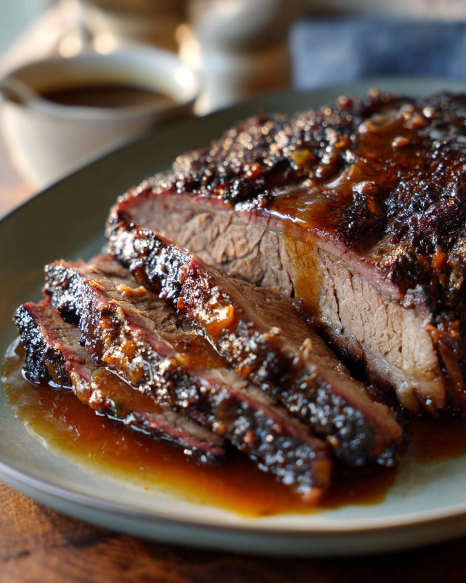 Close-up of tender braised beef brisket, sliced and glistening with a rich glaze, served on a plate.