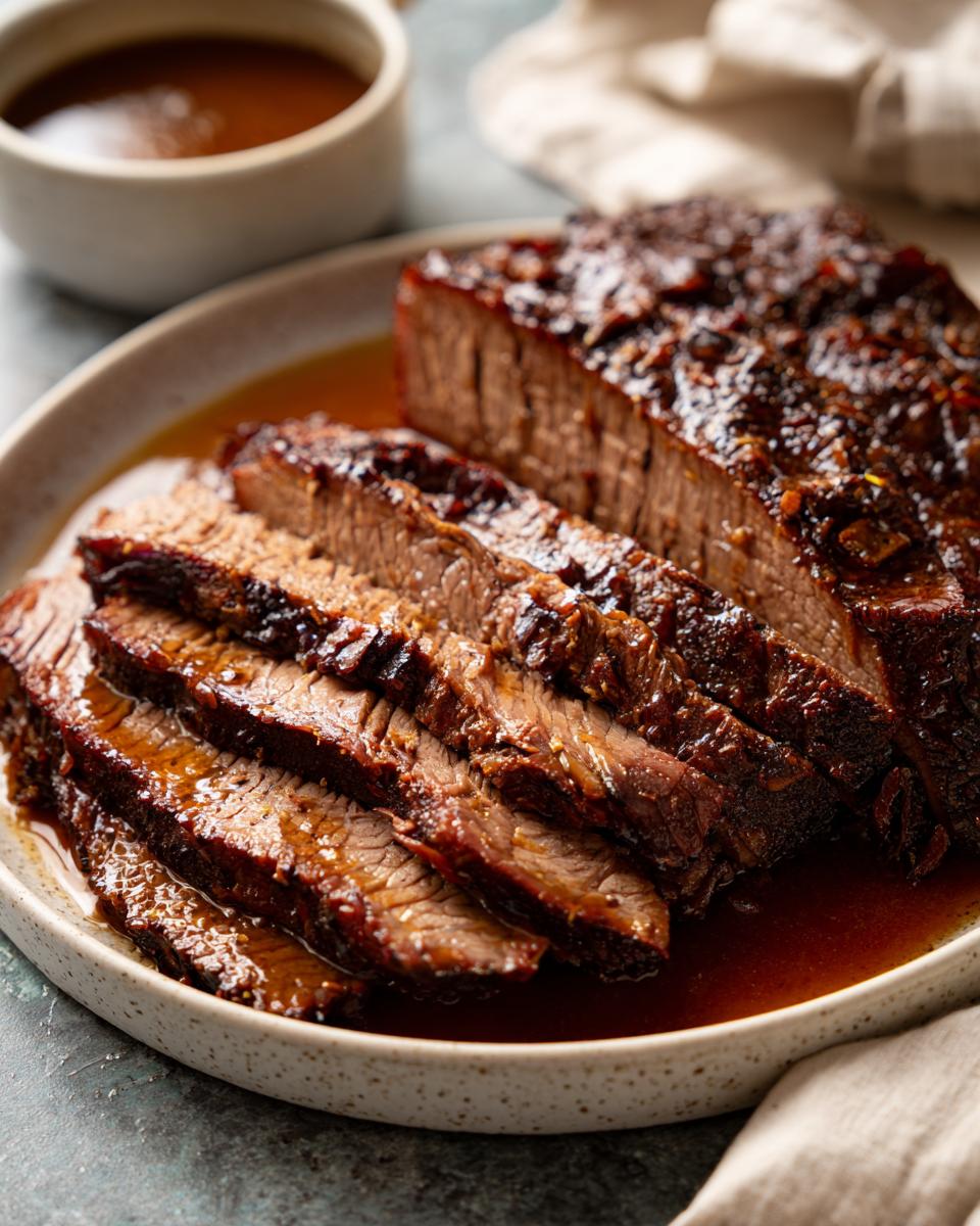 Close-up of tender braised beef brisket, sliced and served in its own rich sauce.