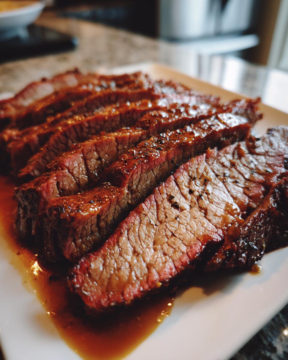 Close-up of perfectly sliced braised beef brisket, glistening with juices and a hint of seasoning.