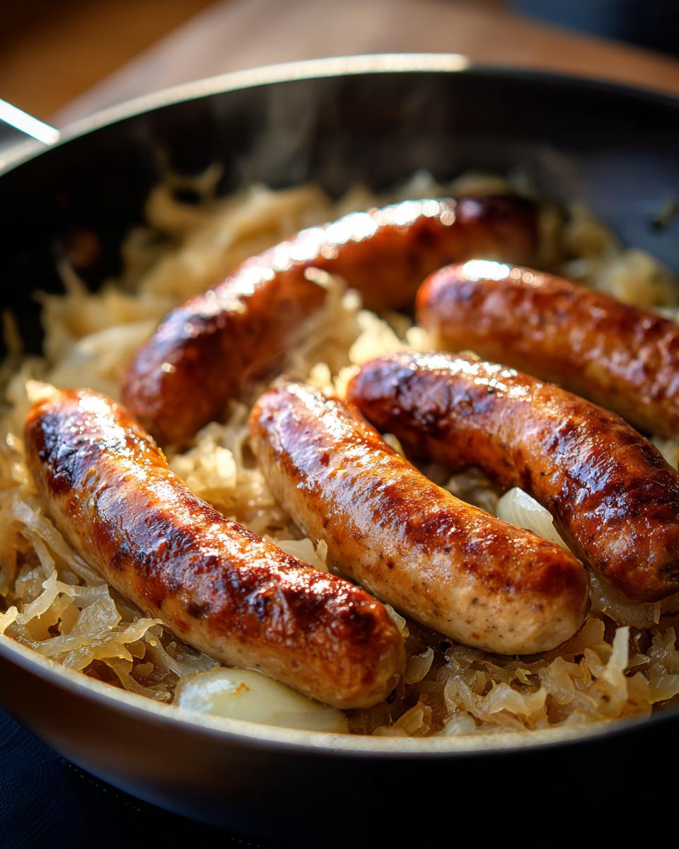 Close-up of juicy bratwurst sausages sizzling on top of sauerkraut in a black pan.