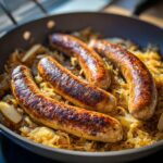 Close-up of perfectly cooked bratwurst sausages nestled in a bed of golden sauerkraut in a pan.