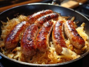 Close-up of juicy bratwurst sausages sizzling in a pan with golden-brown sauerkraut.