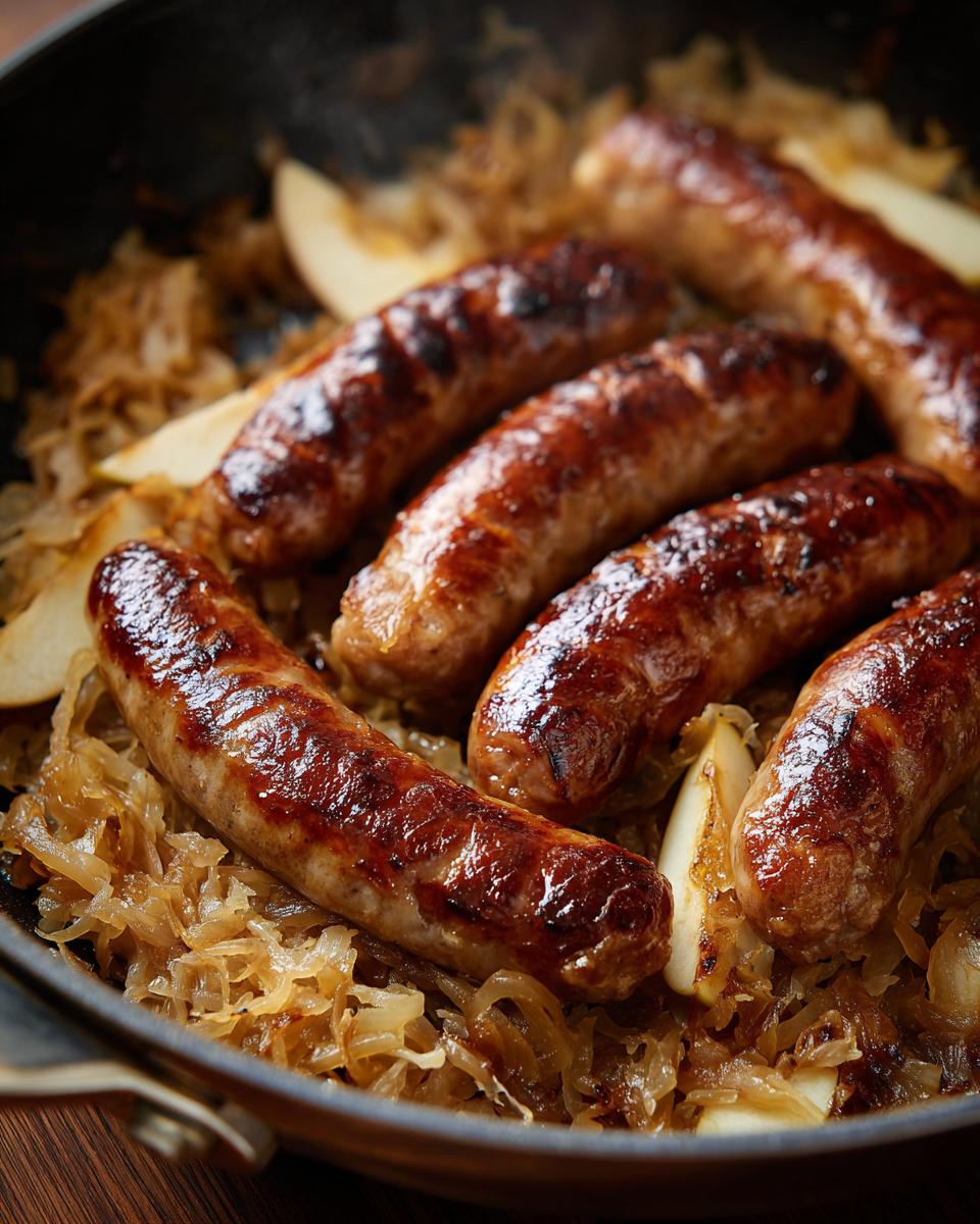 Close-up of juicy bratwurst sausages sizzling in a pan with sauerkraut and apple slices.