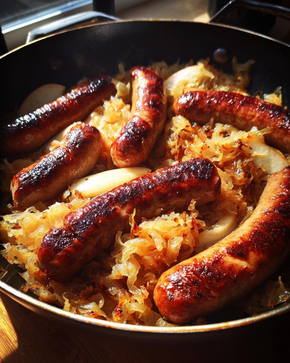 Close-up of browned bratwurst sausages nestled in a bed of sauerkraut and apple slices in a skillet.