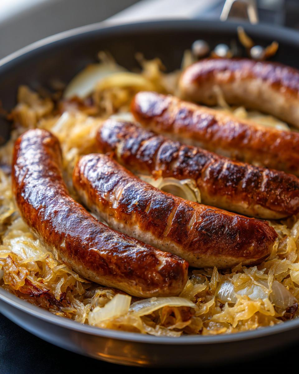 Close-up of perfectly browned bratwurst sausages nestled on a bed of sauerkraut and onions in a skillet.