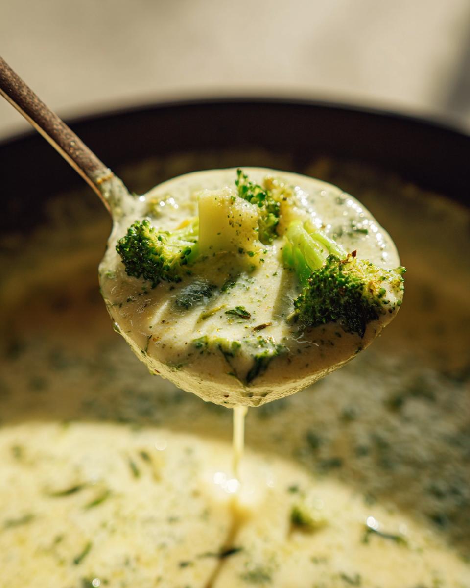 A ladle full of creamy broccoli cheddar soup, showing florets of broccoli and a thick, cheesy broth.