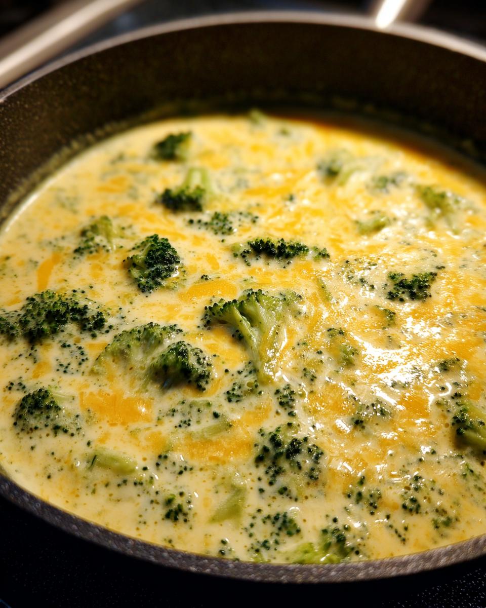 Close-up of creamy Broccoli Cheddar Soup with florets and melted cheddar cheese.