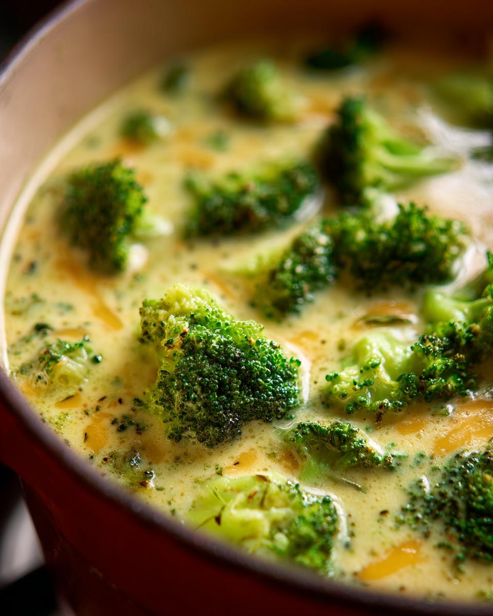 Close-up of fresh broccoli florets in a creamy, cheesy broth, showcasing a delicious Broccoli Cheddar Soup.