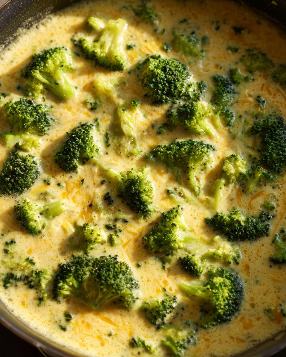 Close-up of vibrant green broccoli florets simmering in a creamy, cheesy broth, showcasing the delicious broccoli cheddar soup.