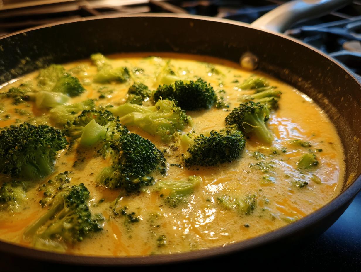 Close-up of fresh broccoli florets simmering in a creamy, cheesy sauce, showcasing the making of broccoli cheddar soup.