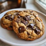 Close-up of three bakery-style brown butter chocolate chip cookies sprinkled with sea salt.