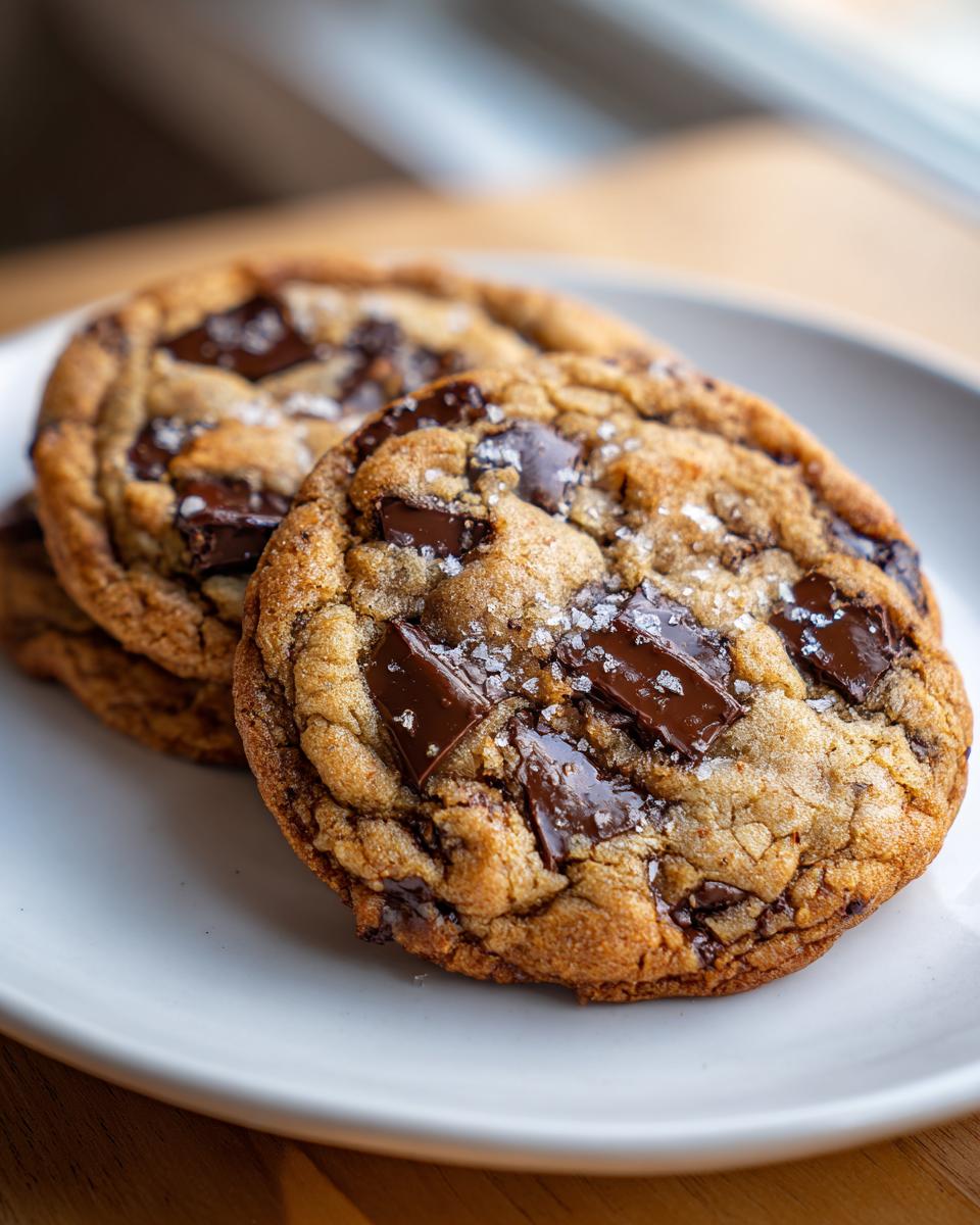 Close-up of two bakery-style brown butter chocolate chip cookies sprinkled with sea salt.
