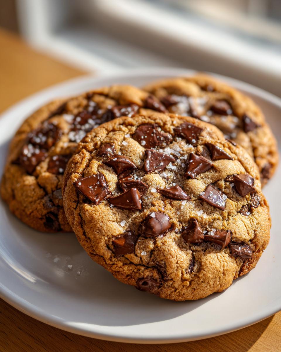 Close-up of three bakery-style brown butter chocolate chip cookies sprinkled with sea salt.