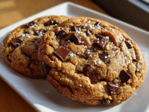 Close-up of two bakery-style brown butter chocolate chip cookies sprinkled with sea salt.