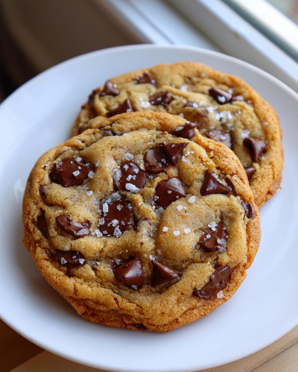 Two golden brown butter chocolate chip cookies generously studded with dark chocolate chunks and sprinkled with sea salt.