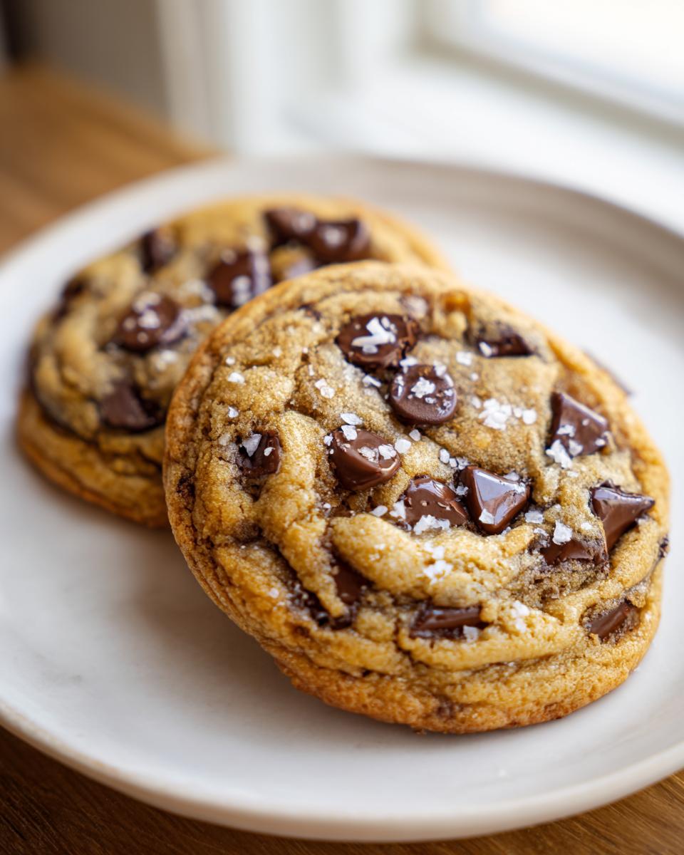Close-up of two bakery-style brown butter chocolate chip cookies sprinkled with sea salt.