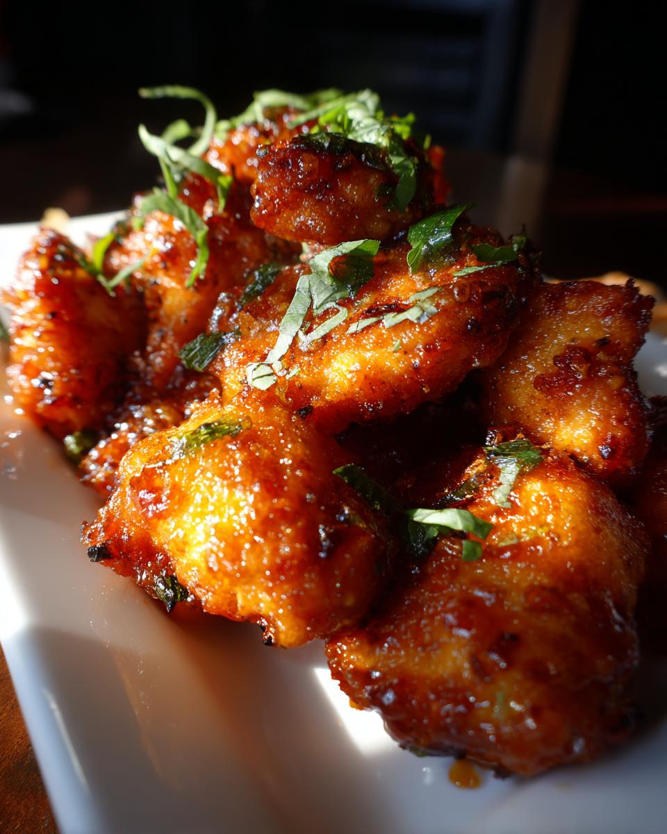 A close-up of glistening Buffalo cauliflower wings, coated in a rich, spicy sauce and sprinkled with fresh green herbs.