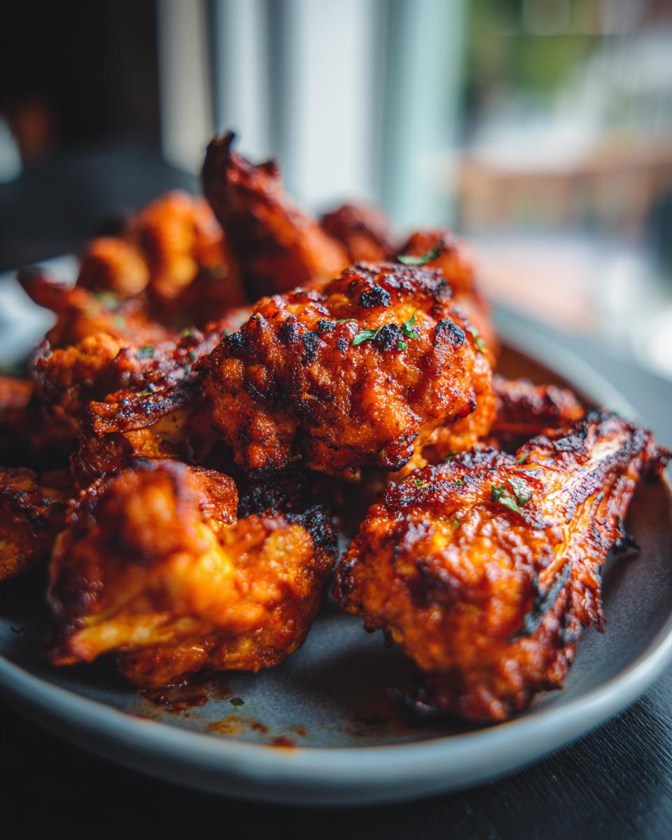 Close-up of crispy Buffalo cauliflower wings coated in spicy sauce and garnished with herbs.