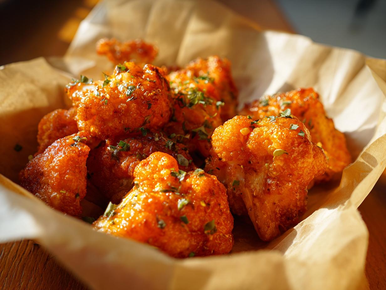 Close-up of crispy Buffalo cauliflower wings tossed in a spicy orange sauce and sprinkled with fresh herbs.