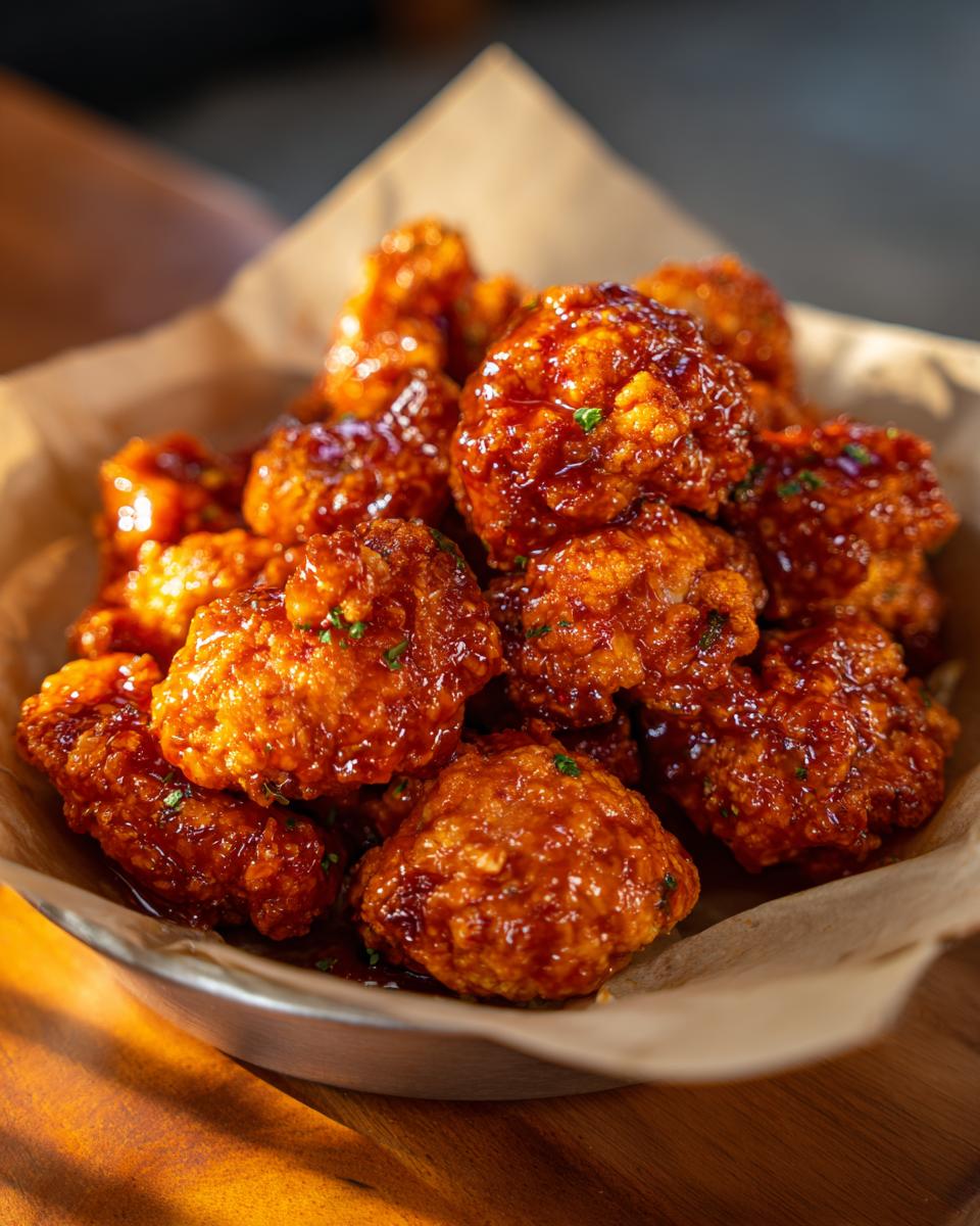 A close-up of a bowl filled with glistening Buffalo cauliflower wings, coated in a rich, spicy sauce and sprinkled with herbs.