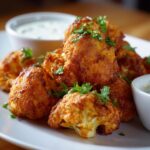 A plate of golden-brown buffalo cauliflower wings, garnished with fresh parsley, served with a side of creamy dip.