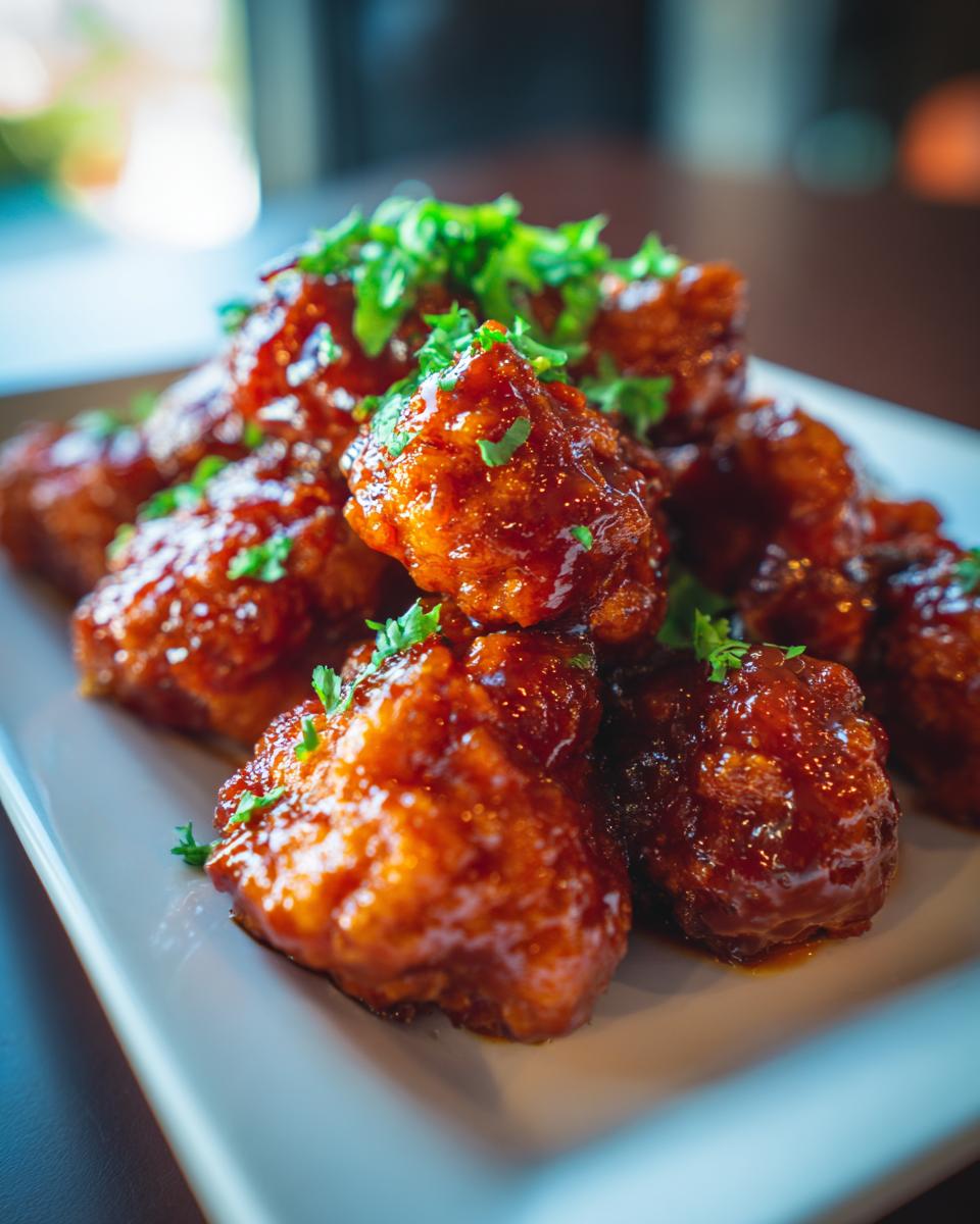 Close-up of a plate piled high with glistening Buffalo cauliflower wings, garnished with fresh green herbs.